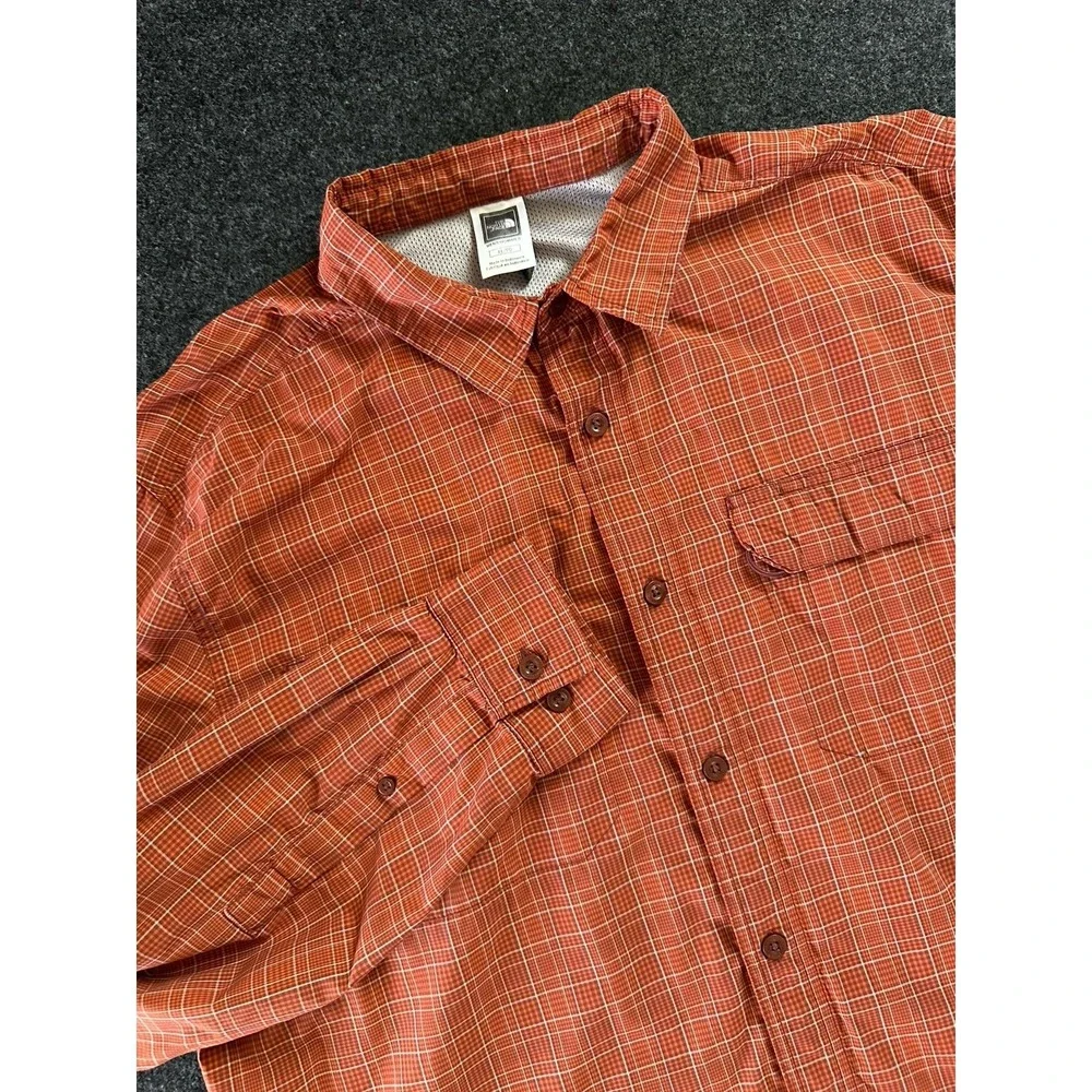 The‎ North Face Mens XL Vented Roll Tab Hiking Button Up Shirt Orange Plaid